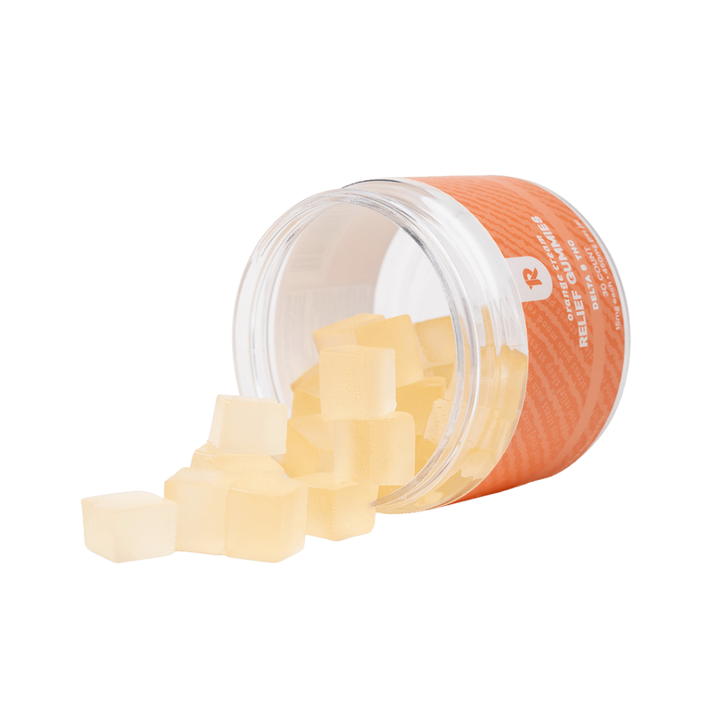 A jar of Delta-8 gummies spilling out