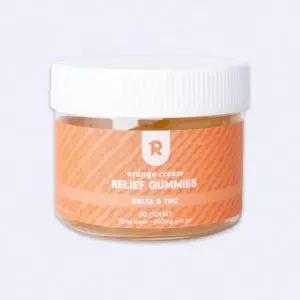 A jar of orange cream-flavored Delta-8 relief gummies from Redeem Therapeutics