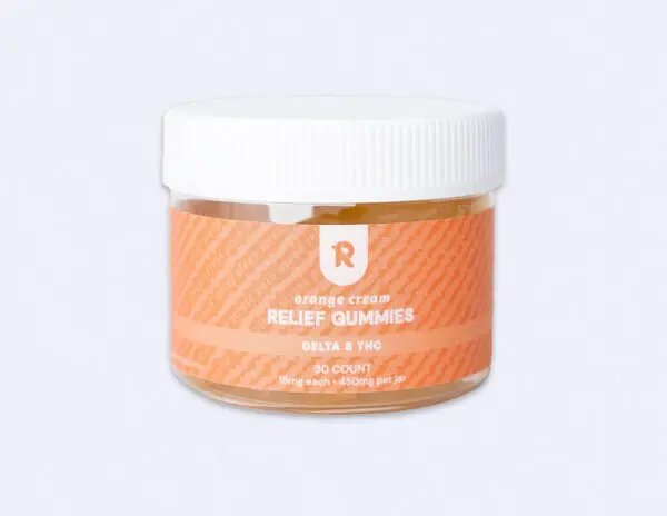 A jar of orange cream-flavored Delta-8 relief gummies from Redeem Therapeutics