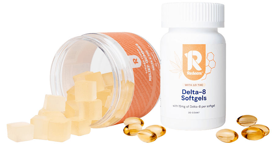  Delta-8 softgels and gummies displayed together