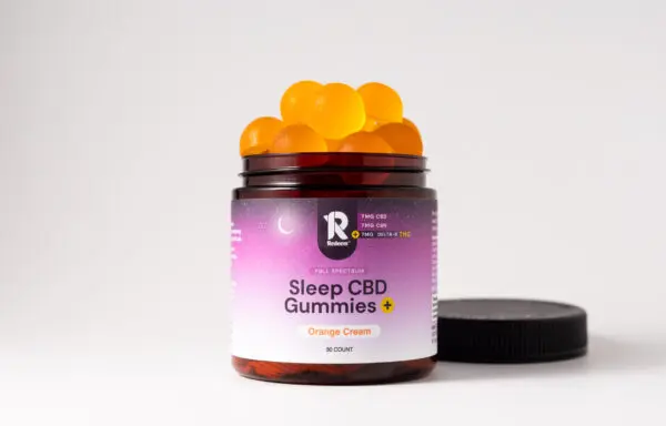 A jar of Sleep CBD Gummies+ with Orange Cream flavor