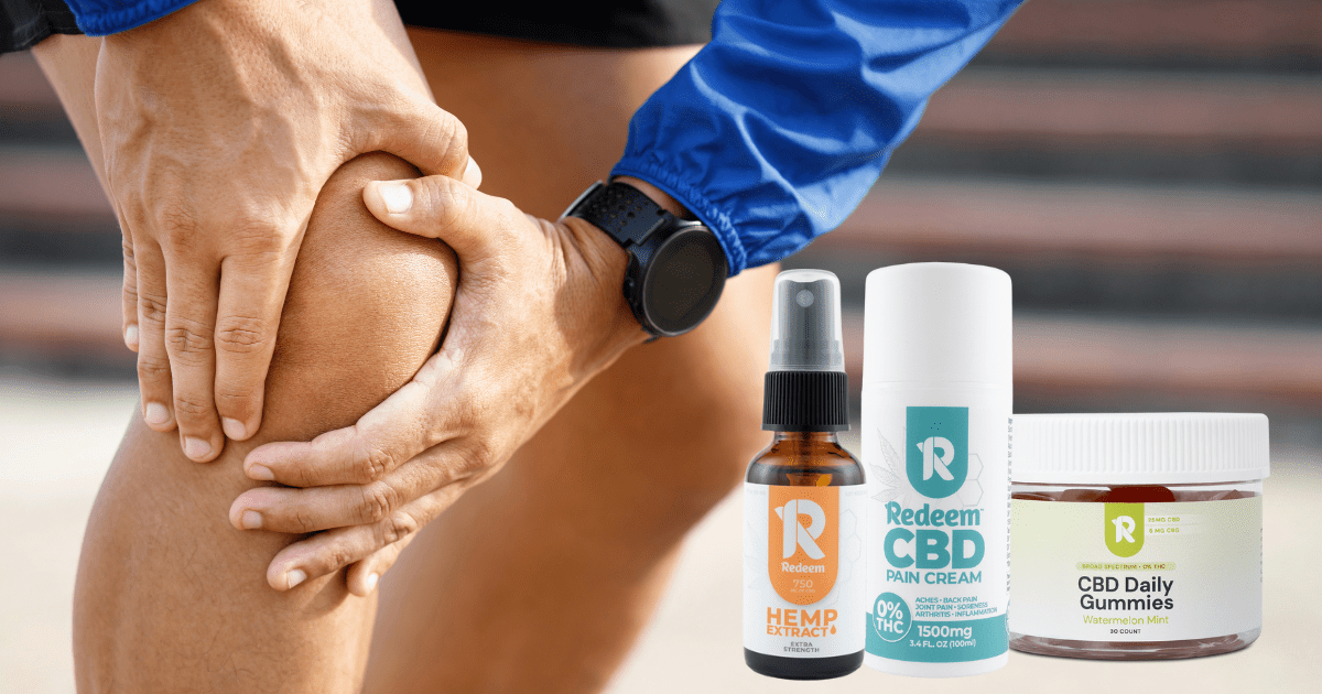 A person holding their knee, featuring three products from Redeem, a hemp extract, a pain cream, and daily gummies