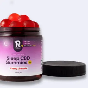 A jar of Sleep CBD Gummies+ with Cherry Limeade flavor