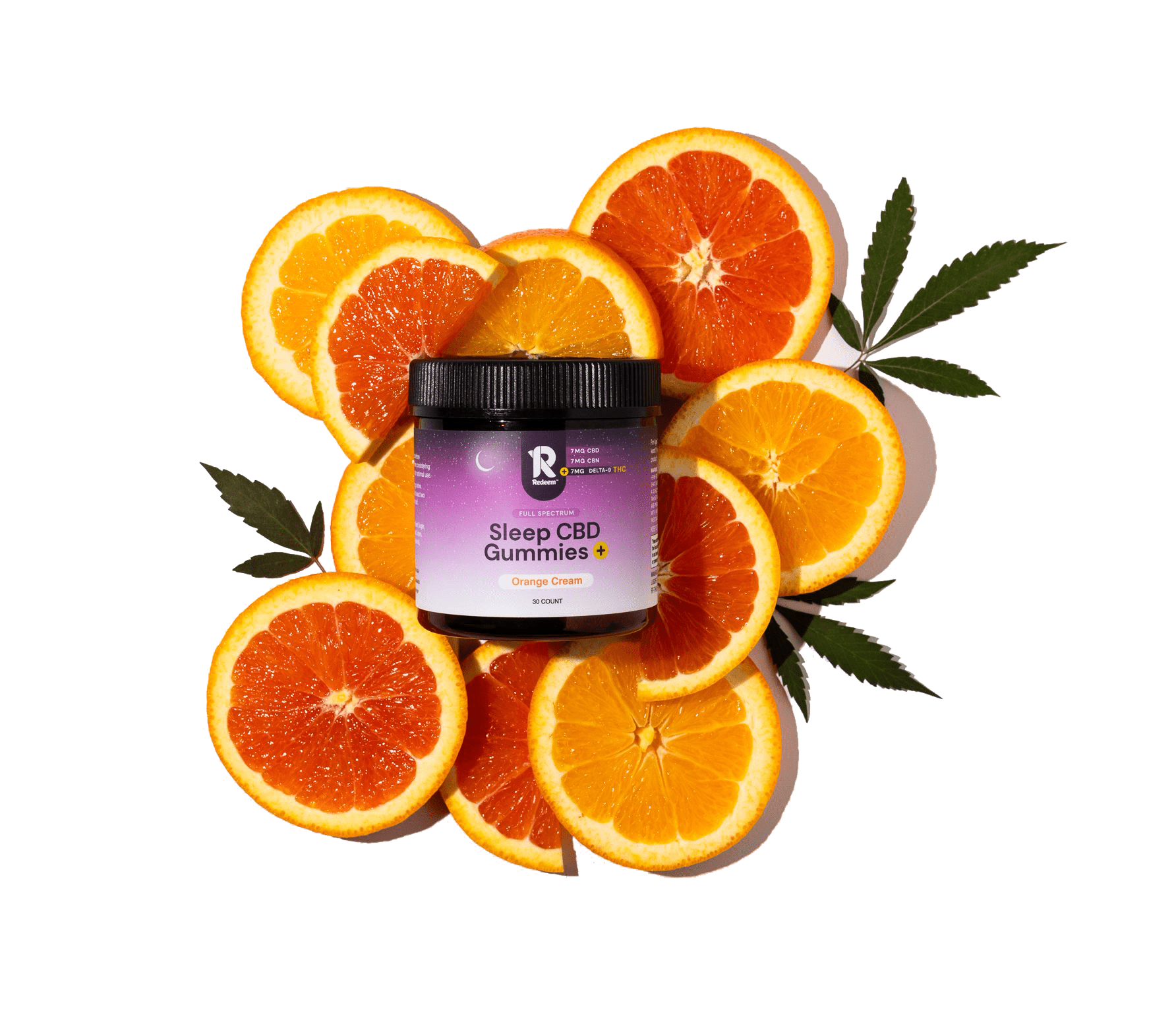  A jar of Sleep CBD Gummies+ Orange Cream flavor surrounded by orange slices and cannabis leaves